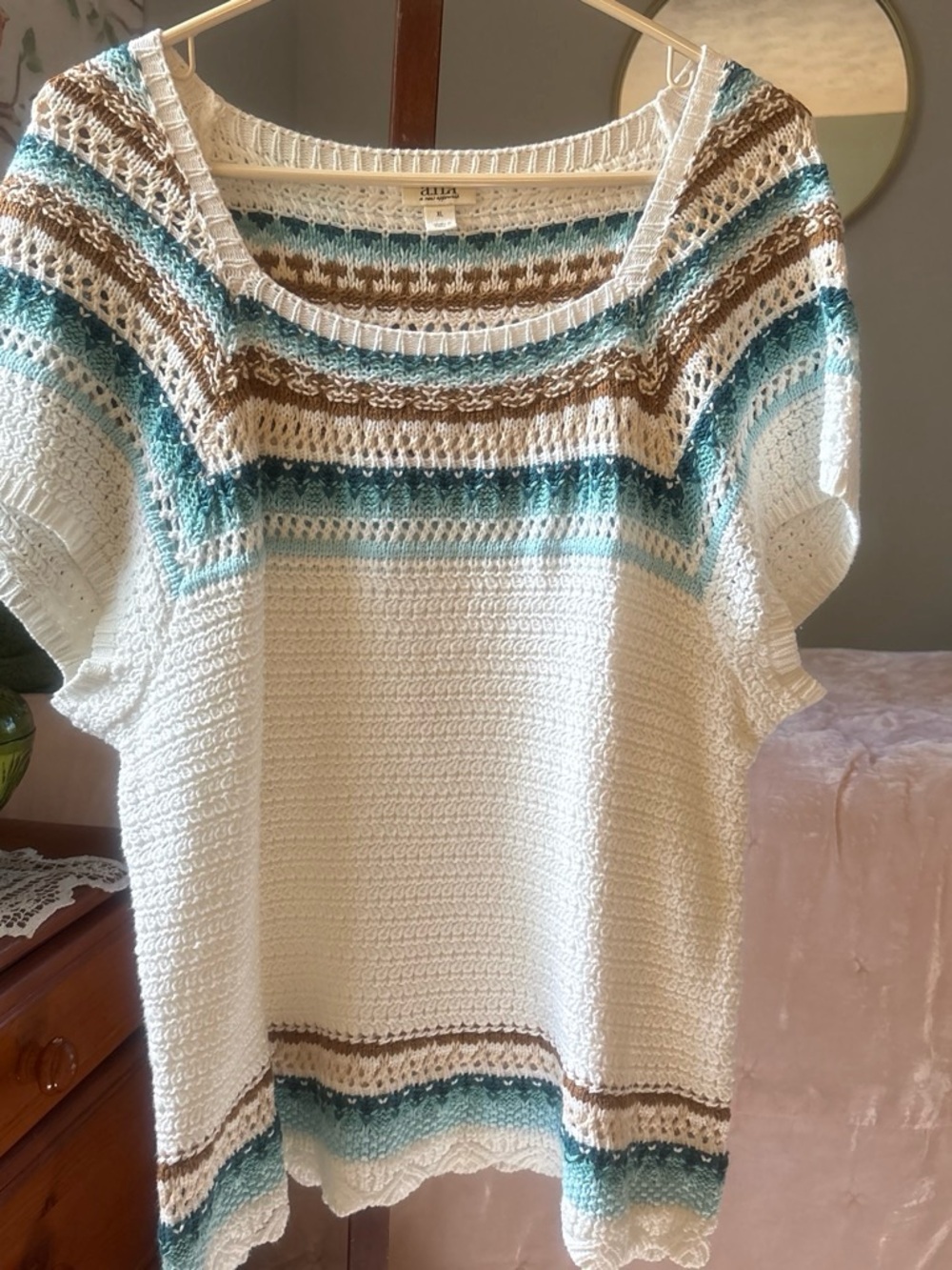 New without tags a.n.a Cream Knit Scoop Neck Sweater with Teal and Brown Stripes